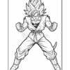 A line drawing of a muscular character with spiky hair in a fighting stance, wearing a traditional martial arts outfit.