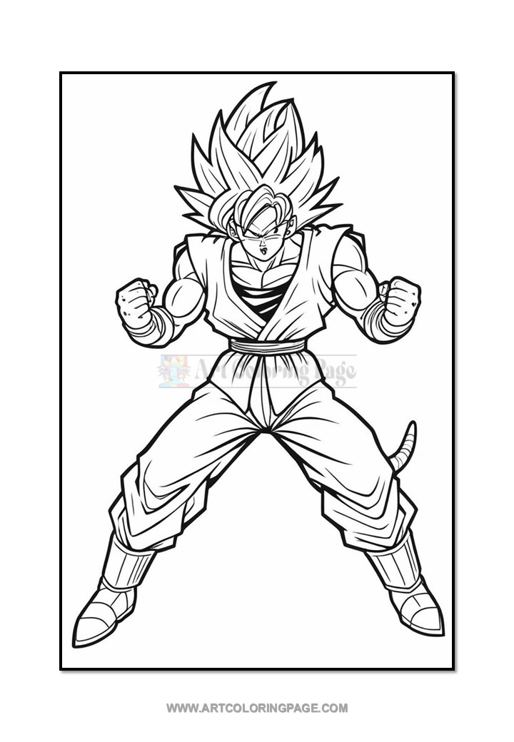 A line drawing of a muscular character with spiky hair in a fighting stance, wearing a traditional martial arts outfit.
