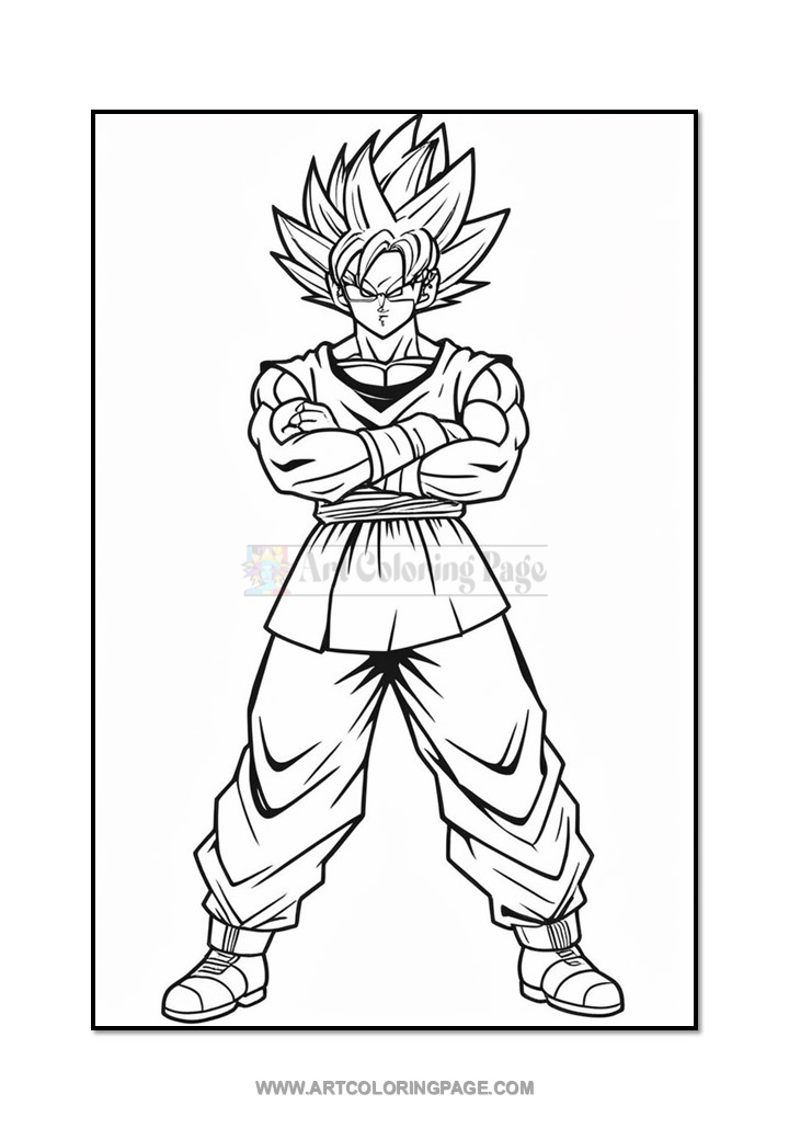 A character with spiky hair in a martial arts pose, wearing a traditional outfit with baggy pants and a determined expression.