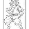 A line art illustration of a muscular character with spiky hair and a tail, dressed in a martial arts outfit, in a fighting stance.