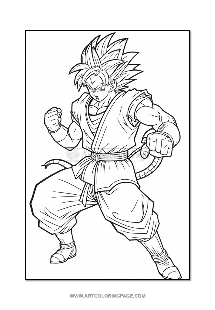 A line art illustration of a muscular character with spiky hair and a tail, dressed in a martial arts outfit, in a fighting stance.