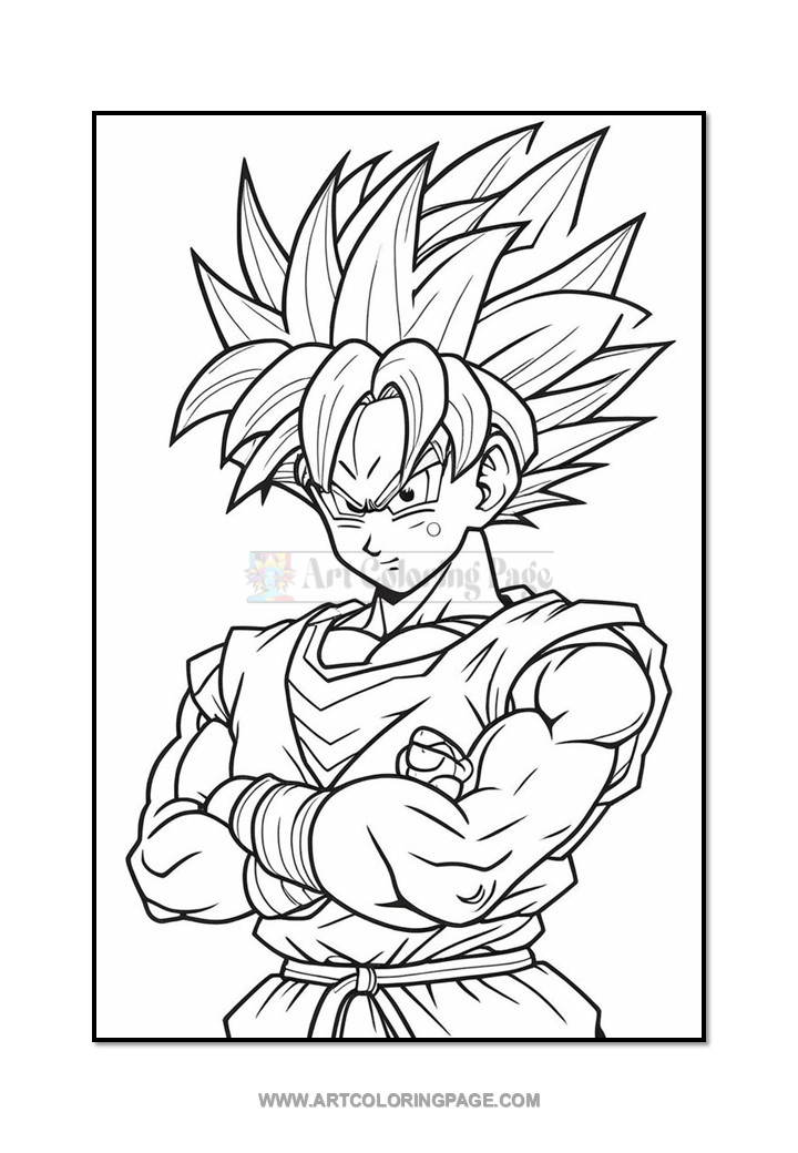 Line art of a strong anime character with spiky hair and crossed arms, designed for coloring.