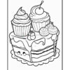 A decorated cake with two cupcakes on top, featuring frosting and a cherry, outlined for coloring.