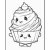 A cute cartoon cupcake with a smiling face, topped with swirls of frosting and a cherry, holding a smaller cupcake.