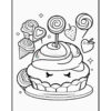 A cute cupcake topped with frosting and a lollipop, surrounded by hearts and other desserts, designed for coloring.