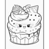 A cute, smiling cupcake with colorful frosting, a cherry on top, and chocolate squares, designed for coloring.