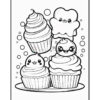Cute cartoon cupcakes with smiling faces and a fluffy cloud character, surrounded by bubbles on a plate.