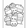 A collection of cute, cartoon-style desserts including cupcakes and a layered cake, outlined for coloring.