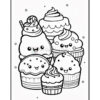 A collection of cute, smiling cupcakes with various toppings, surrounded by small snowflakes.