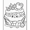 A cute cartoon-style cupcake with multiple colorful decorations, including strawberries and a cherry, on top of a layered cake.
