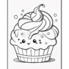 A cute, cartoon-style cupcake with a swirled frosting top, smiling face, and bubbles around it, set on a plate.