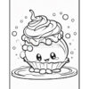 Cute cartoon cupcake with a smiling face, topped with swirled frosting and surrounded by bubbles.