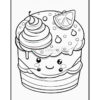 Cute cartoon cupcake with smiling face, topped with swirled frosting, a slice of lemon, and decorative drizzle.