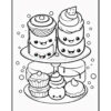 A tiered cake stand filled with cute, smiling cupcakes and decorated treats, outlined for coloring.