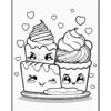 A black and white illustration of three cute cupcakes with animated faces, surrounded by small hearts.