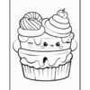 Cartoon-style cupcake with two swirls of frosting, a cherry on top, and a surprised face, set against a plain background.