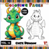 A cute dragon character with bright green scales, large eyes, and colorful horns alongside a line art version for coloring.