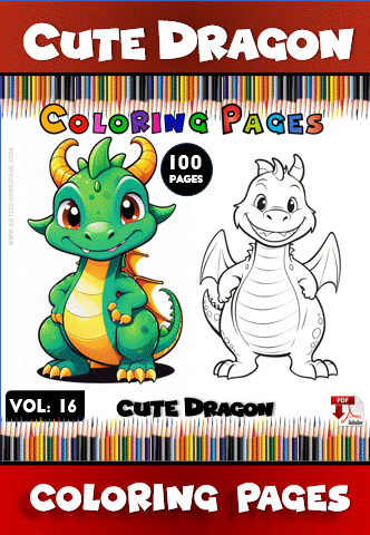 A cute dragon character with bright green scales, large eyes, and colorful horns alongside a line art version for coloring.