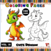 Coloring book cover featuring a cute dragon in color next to an outline version, with colorful pencils in the background.