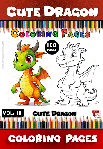 Coloring book cover featuring a cute dragon in color next to an outline version, with colorful pencils in the background.