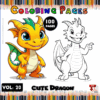 A colorful dragon illustration alongside a black-and-white outline version for coloring, with text promoting a coloring page volume.