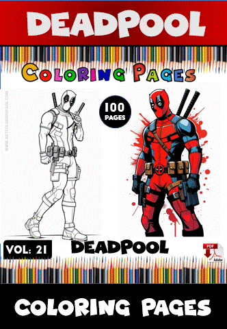 Deadpool coloring pages printable for free from artcoloringpage.com, featuring detailed black-and-white and colored illustrations.