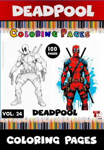 Deadpool coloring pages from artcoloringpage.com, featuring a detailed character design and a colorful background, perfect for a coloring book.