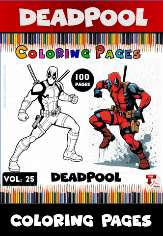 Deadpool coloring pages featuring two illustrations, one in black and white and the other in color, from artcoloringpage.com.