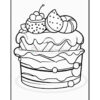 A detailed coloring page illustration of a multi-layered cake topped with strawberries and cherries.