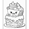 A cute, cartoon-style cake with a smiling face, topped with frosting, berries, and a cherry, surrounded by colorful sprinkles.