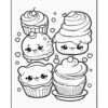 Four cute cartoon cupcakes with smiling faces, surrounded by small hearts, designed for coloring.