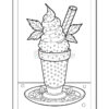A line art illustration of a soft serve ice cream in a cup, garnished with mint leaves and a wafer stick, placed on a plate.