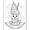 A cute coloring page featuring an ice cream cup with a smiling face, topped with swirled ice cream, a straw, and surrounded by stars.