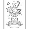 A detailed outline illustration of a dessert cup filled with swirled ice cream, topped with sprinkles, a straw, and surrounded by leaves and stars.
