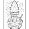 A coloring page featuring an ice cream cone with a swirl of soft serve on top, surrounded by stars and a bowl of ice cream with a spoon.