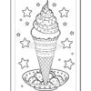 A black and white coloring page featuring a large ice cream cone topped with swirls and sprinkles, surrounded by stars.