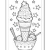 A coloring page featuring an ice cream cone with three scoops, surrounded by stars and a bowl of ice cream.