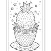 A coloring page featuring an ice cream sundae topped with a star and surrounded by small stars.
