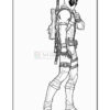Line art of a character resembling a masked anti-hero wearing tactical gear and holding a weapon, posed with a thumb up.