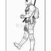 Deadpool character outlined in a walking pose, wearing a backpack and armed with a katana, set against a plain background.