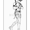 A black and white outline of a superhero character, featuring a figure in a tactical suit with weapons and a mask, walking confidently.