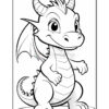 A cute cartoon dragon with a friendly smile, small wings, and prominent horns, standing on two feet against a simple background.