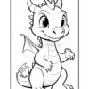 A cute cartoon dragon with big eyes, small horns, and a friendly smile, standing confidently with a raised claw.