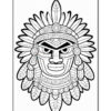 A detailed black and white illustration of a tribal mask with intricate patterns and plumes, designed for coloring.