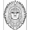A detailed black and white illustration of a tribal chief's head, adorned with a feathered headdress and intricate jewelry.