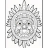 Geometric mask design with intricate patterns and surrounding leaves, ready for coloring.