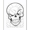 A detailed black and white illustration of a skull with exaggerated features, showcasing an angry expression and decorative elements.
