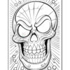 A detailed, stylized skull design featuring intricate lines and a sunburst background, intended for coloring.