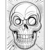 A detailed black and white illustration of a skull, featuring bold outlines and intricate designs with radiating lines and dots in the background.