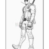 A comic-style line art illustration of a character dressed in a superhero costume, complete with a mask and weapons.